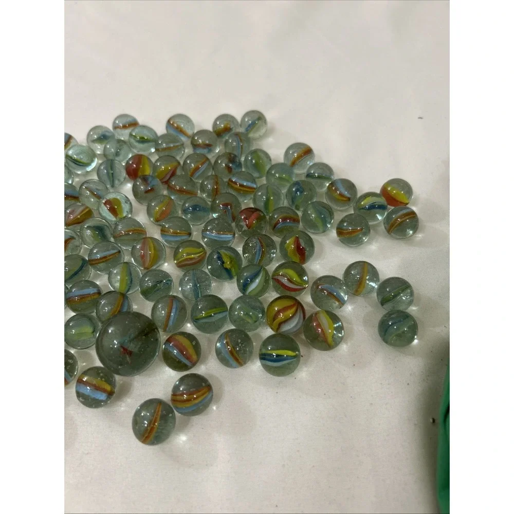 101 CAT'S EYE Marbles In Green Vinyl Drawstring Bag